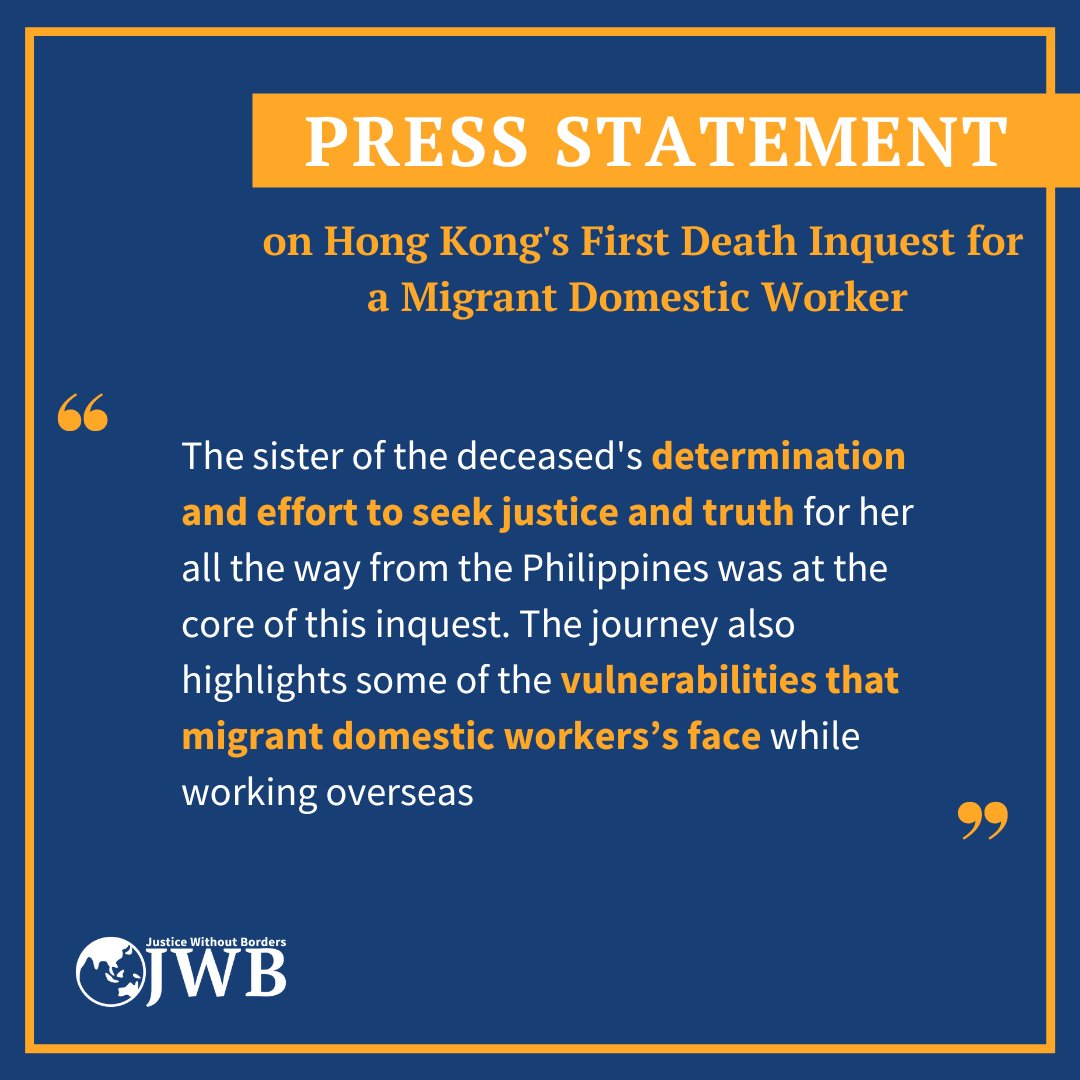 forJWB's tweet photo. The first death inquest for migrant domestic workers was held in Hong Kong. It was also JWB's first. Click the links in the comment below to see the statement from JWB and the deceased’s family. Stay tuned as we share more details on the case.
#JusticeForAll #IsOurSharedVoice https://t.co/AM4pFQvJnK