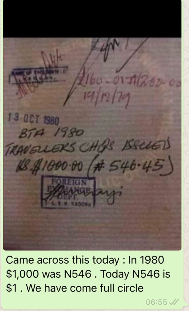 @IamMadeStrong @BOSSFREDMACS U go understand why some of us dey take good governance something personal.Try understand d pix .in 1980 1,000 dollars was 546 naira, TODAY 546 naira is NOT EVEN UP TO 1 DOLLAR.Same people wey enjoy d things d RUN US DOWN TODAY. That is BTA in 1980.😖😖😖😖😢😭😭😭😭😭😭