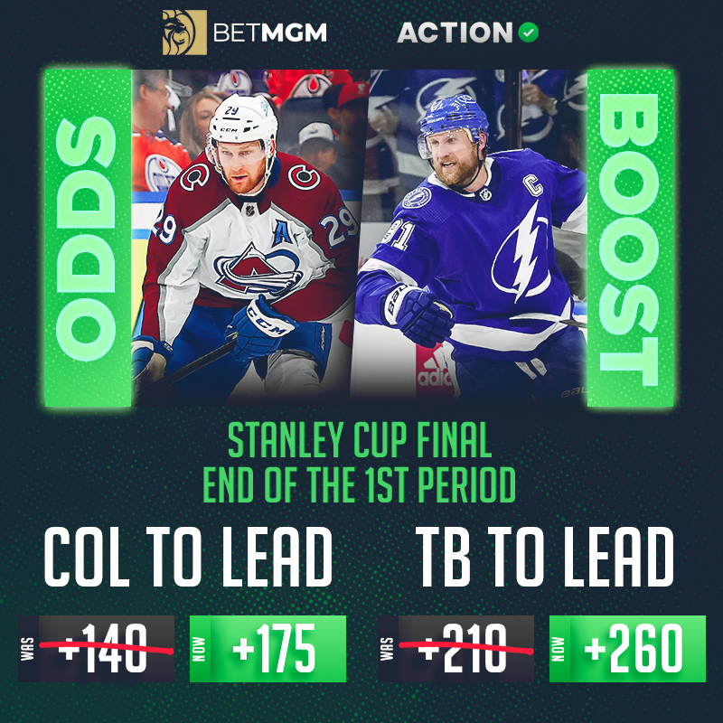 ActionNetworkHQ's tweet photo. 🚨 1ST PERIOD ODDS BOOST 🚨

Avalanche to lead: +140 ➡️ +175
Lightning to lead: +210 ➡️ +260

Take advantage of these limited-time #StanleyCup odds boosts NOW 👇🔥