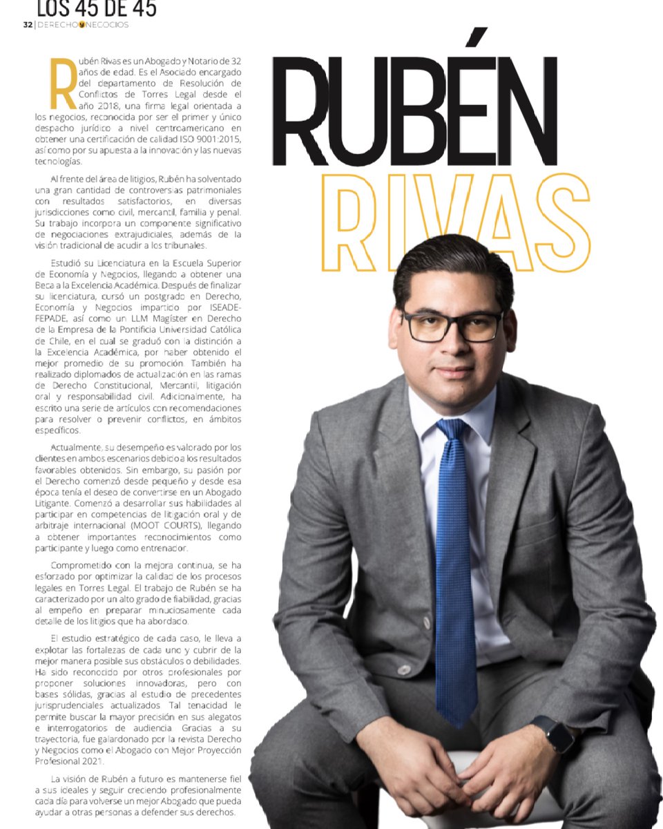 TorresLegalSV's tweet photo. Rubén Rivas, nuestro abogado asociado, también ha sido reconocido por la @RevistaDyN como uno de los 45 profesionales del derecho menores de 45 años con gran proyección y desempeño. Compartimos con orgullo su perfil.💪

👏 Dos de tres
#TorresLegal #TorresTeam #Abogados https://t.co/UBR6K2CPCP