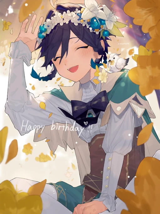 Happy birthday!!🎉🎉🎉
ウェンティお誕生日おめでとう!!
これからも一緒に旅しよう😭😭
#ウェンティ生誕祭2022 #原神 
#venti #GenshinImpact 