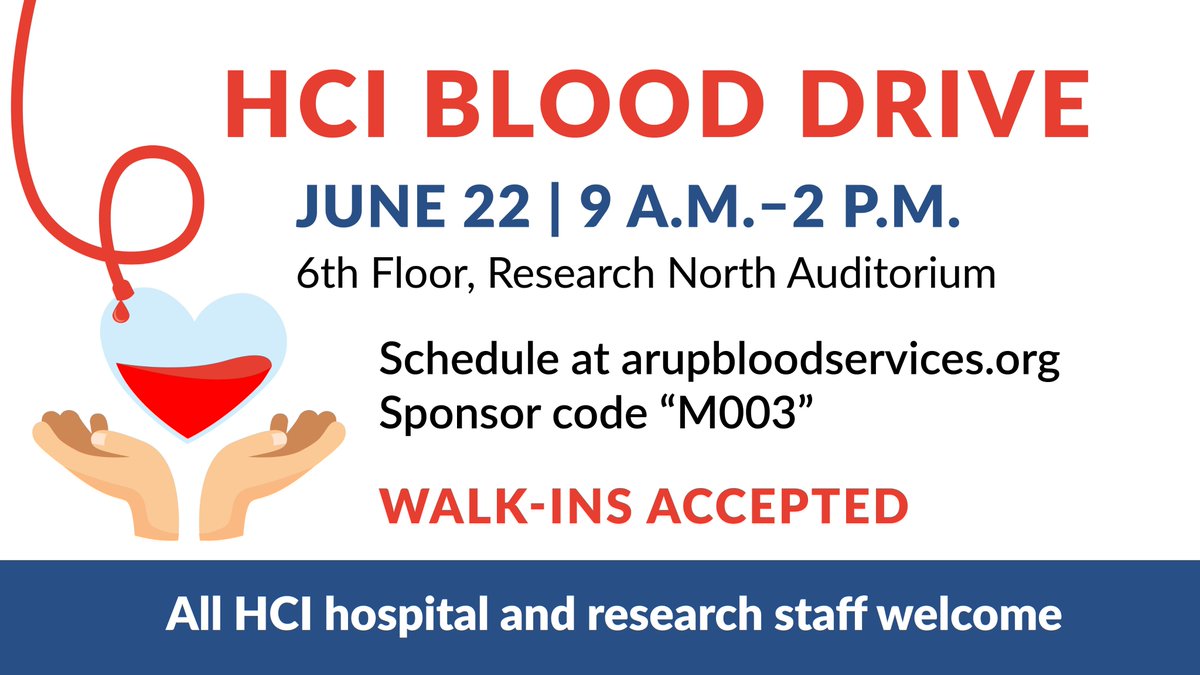 HCI staff! <a href="/UtahBlood/">ARUP Blood Services</a> will be here on June 22nd from 9 a.m. to 2 p.m. ARUP is the sole provider of blood products for our patients—if you are eligible to donate, please do! 

Schedule an appointment: bit.ly/HCIblooddrive6…