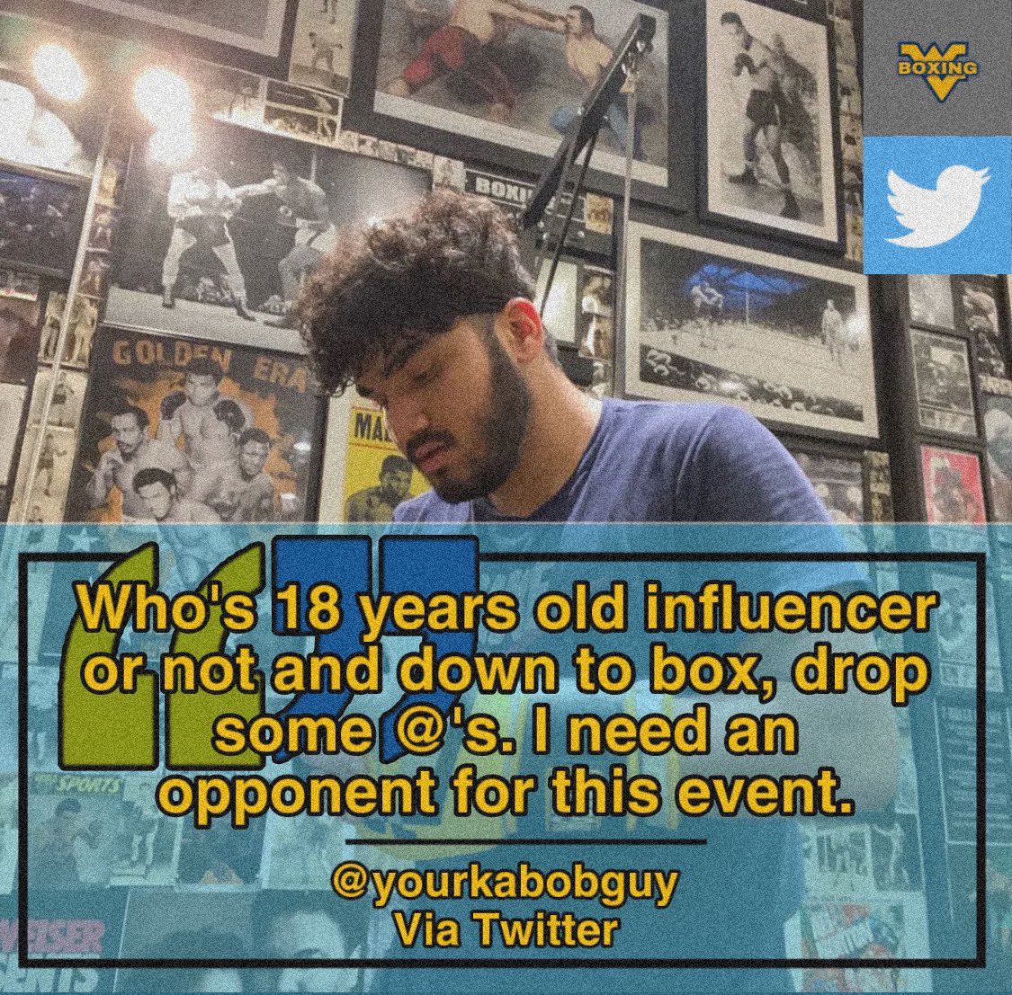 WV_Boxing's tweet photo. @yourkabobguy is looking for an opponent who is 17-18 years old and must weigh 185+! Who do you think he should go up against!? 🤔

( Via: @yourkabobguy )

-
#yourkabobguy #jalal #boxingworld #boxingnews #boxingmedia #boxinglife #WV #westvirginia #ppv #boxingppv https://t.co/tP8Ff5voqG