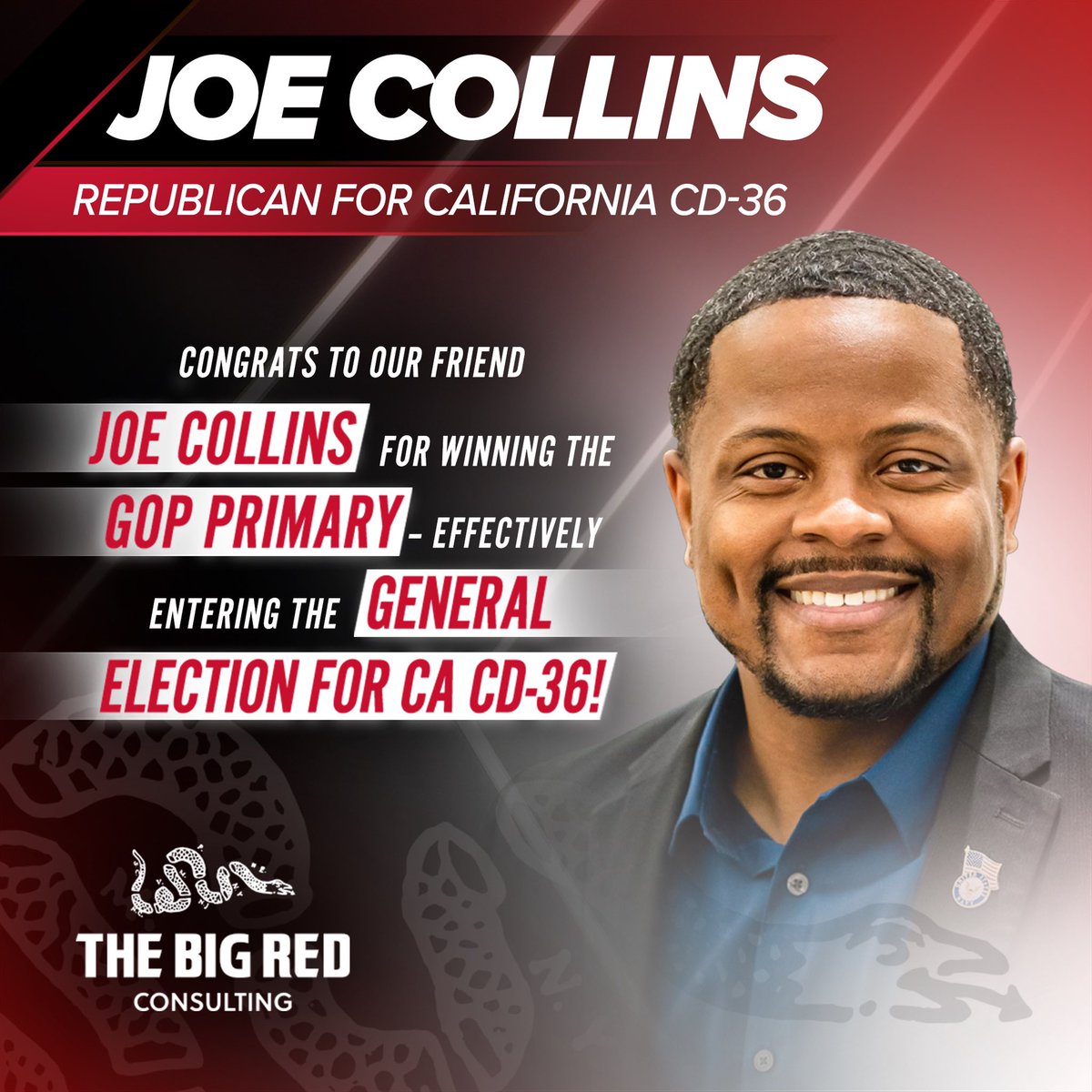 TheBigRedCo's tweet photo. We celebrate @joeecollins3’s victory in the competitive CA CD-36 primary election for his continued fight against the crime, human trafficking, and inflation that stem from the corruption and lack of leadership in Los Angeles at the local and federal levels.  #TheBigRedCo https://t.co/RwIP4nmbWy