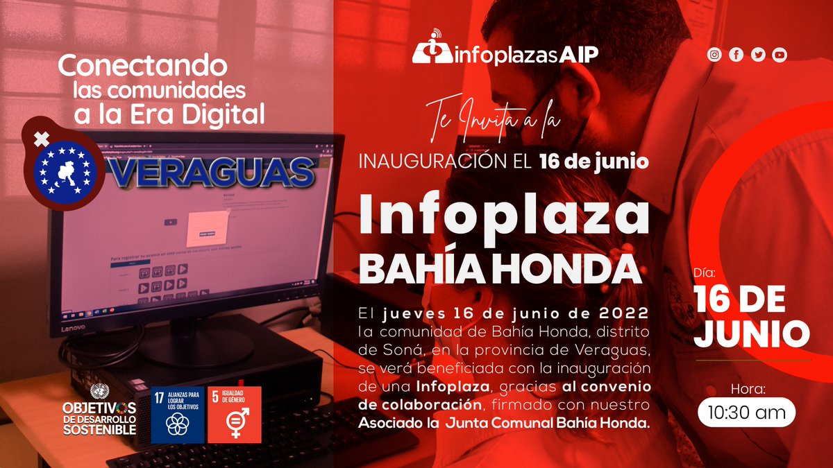 Infoplazas_AIP's tweet photo. El jueves 16 de junio de 2022 la comunidad de Bahía Honda, distrito de Soná, en la provincia de Veraguas, se verá beneficiada con la inauguración de una Infoplaza,  gracias al convenio de colaboración, firmado  con nuestro Asociado la Junta Comunal de Bahía Honda https://t.co/rgjCyDjSM8