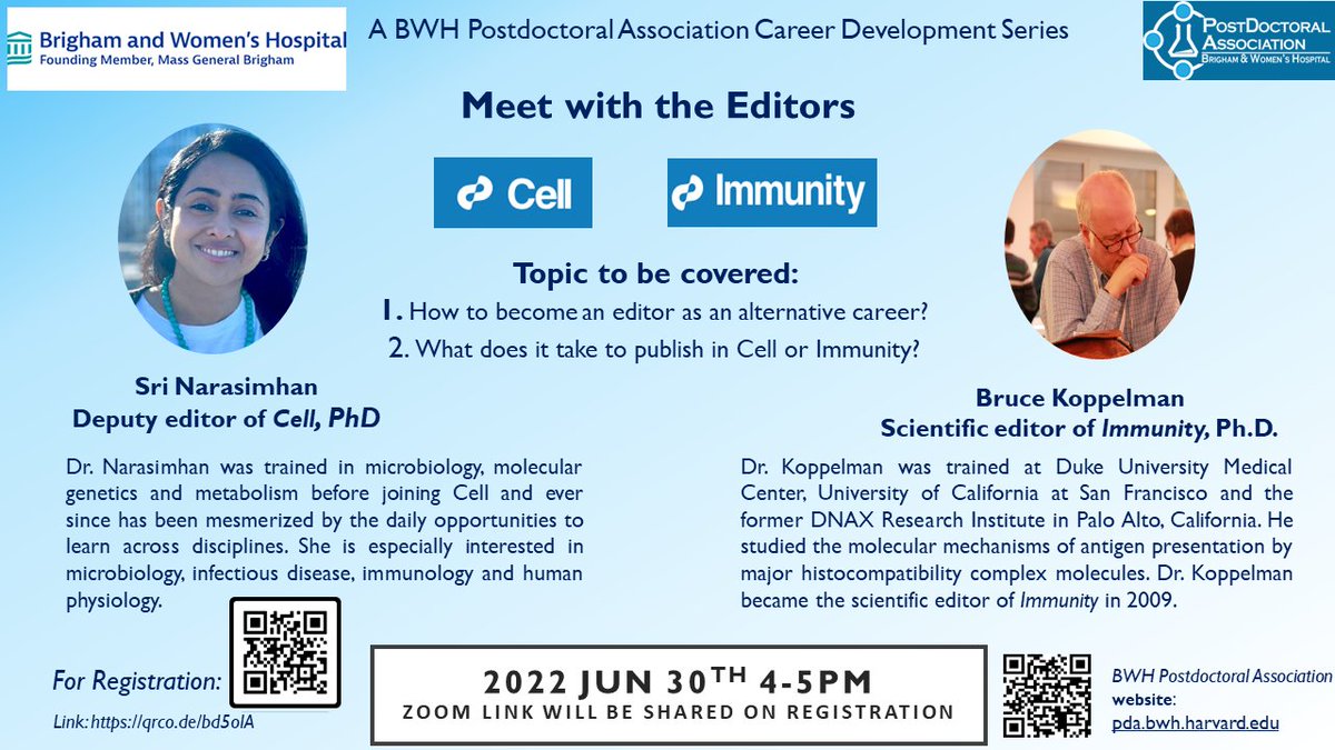 bwh_postdocs's tweet photo. Interested in a career in editing?
Wondering what it takes to publish in a high impact journal?

Join our 'Meet with the Editors' event! 

Register:  https://t.co/L5r3LsNEO5
(Open to #postdocs , students and trainees from various organizations.)

@vwacle @shadigh16 @schaumberg_a https://t.co/u8pBak5pIb