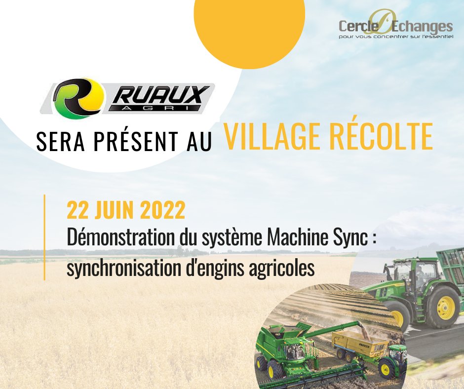 CercledEchanges's tweet image. Votre concessionnaire Ruaux Agricole sera également présent au Village Récolte le 22 juin prochain 🗓️
Il fera une démonstration du système de synchronisation des engins : Machine Sync 🚜
Préparons ensemble votre moisson ! Plus d&apos;infos : fb.me/e/1uHihJthK 🌾