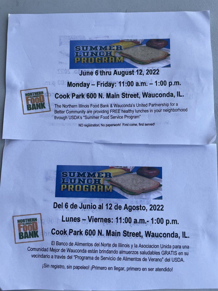 DocSandraMoranA's tweet photo. Free healthy summer lunch program! Almuerzos saludables gratis durante el verano en Wauconda. https://t.co/TlSCij7I3g
