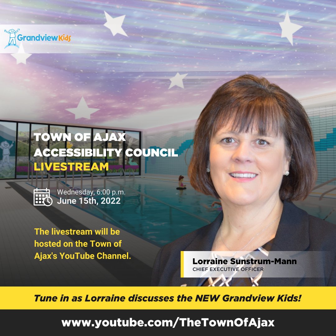 GrandviewKids's tweet photo. This evening, at 6:00 p.m., Grandview Kids CEO Lorraine Sunstrum-Mann will be presenting to the @TownOfAjax Accessibility Council about the #NEWGrandviewKids! Learn more about the meeting and watch the live stream ➡️ https://t.co/QvJ1nQ8BVP https://t.co/QeclNrQFxD