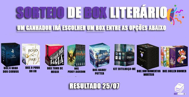 BestPromosBr's tweet image. ✨📚 SORTEIO DE BOX LITERÁRIO 📚✨

UM ganhador irá escolher UM box entre as opções dadas abaixo, para participar você precisa:

• Dar RT nesse tweet 
• Seguir a conta @BestPromosBr
• Dizer nos comentários qual box quer ganhar

RESULTADO: 25/07