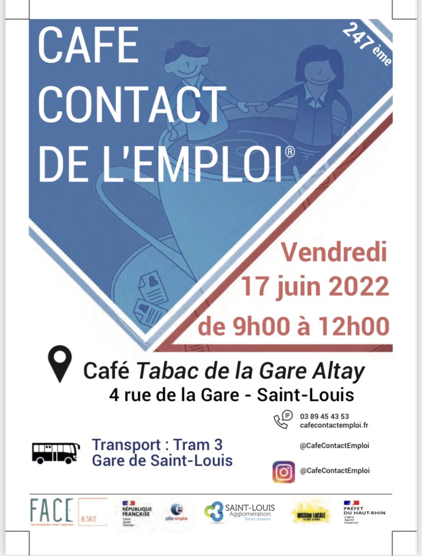 🔔 RDV le 17 juin au <a href="/cafecontact/">Café Contact de l’Emploi ☕️</a> sur Saint Louis . #TousMobilises               🔝 11 entreprises présentes au café Tabac de la Gare ainsi que les conseillers @poleemploi_GE de #StLouis pour vous coacher avant vos entretiens !!