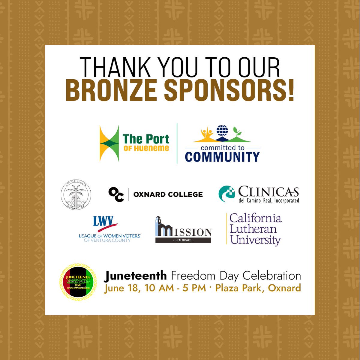 BAPAC_VC's tweet photo. Thank you BRONZE #sponsors for partnering with Oxnard's Juneteenth Freedom Day Celebration! @portofhueneme @OxnardCollege @CAUSE_NOW @CalLutheran @LwvVentura
June 18th 10a-5pm @DowntownOxnard
#juneteenth2022 #juneteenth #juneteenthoxnard #nonprofit #historyfacts #Partnership https://t.co/ngaA83LQMW