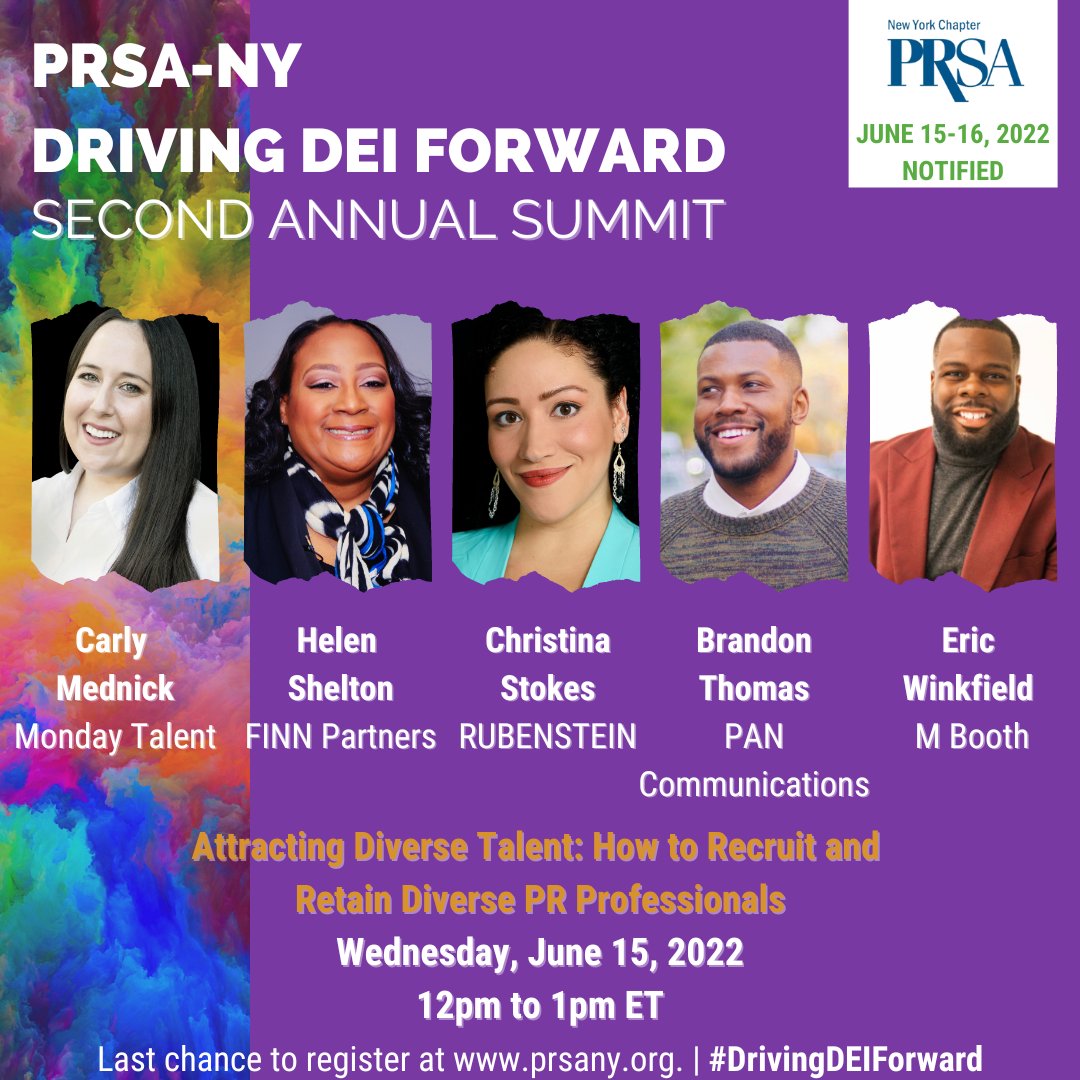 prsany's tweet photo. We're halfway through Day One of the #DrivingDEIForward Summit!

Our current session is focused on how to recruit and retain diverse PR talent, and why brands must go beyond "checking the box" in the workplace.

@monday_talent @FINNPartners @Rubenstein @PANcomm &amp; @MBoothAgency. https://t.co/IymB1sP3lK