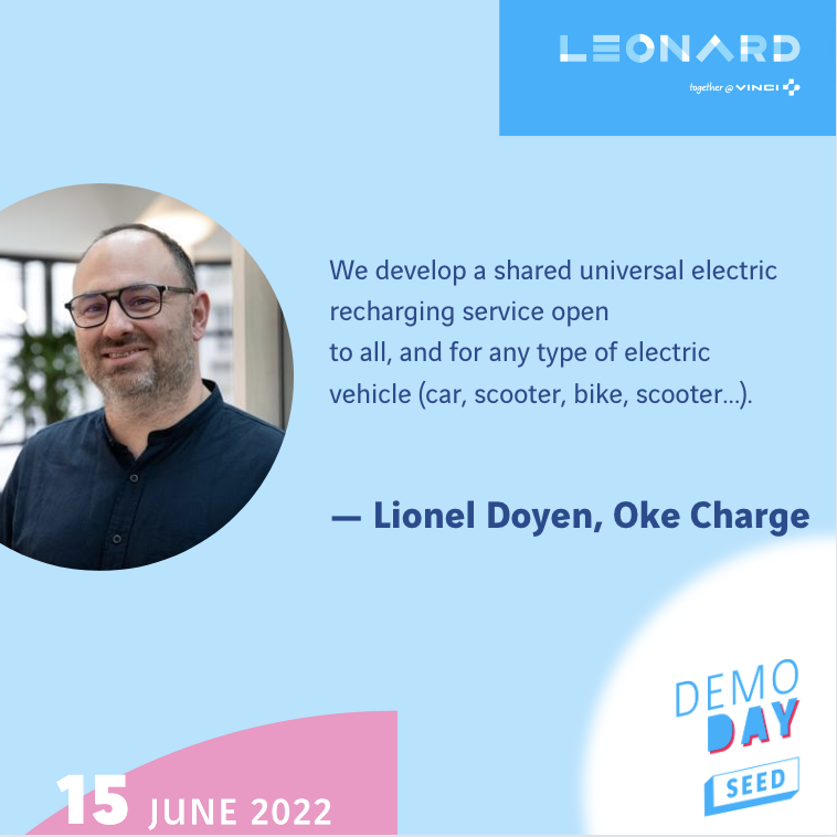 WeAreLeonard's tweet photo. “By 2030, we will need 5M extra EV chargers, and 60% of daily electric charging needs can be served by a regular electric plug.” 
— Lionel Doyen, @okecharge
#DemoDay #WeAreLeonard https://t.co/Zx0QxAaSWV