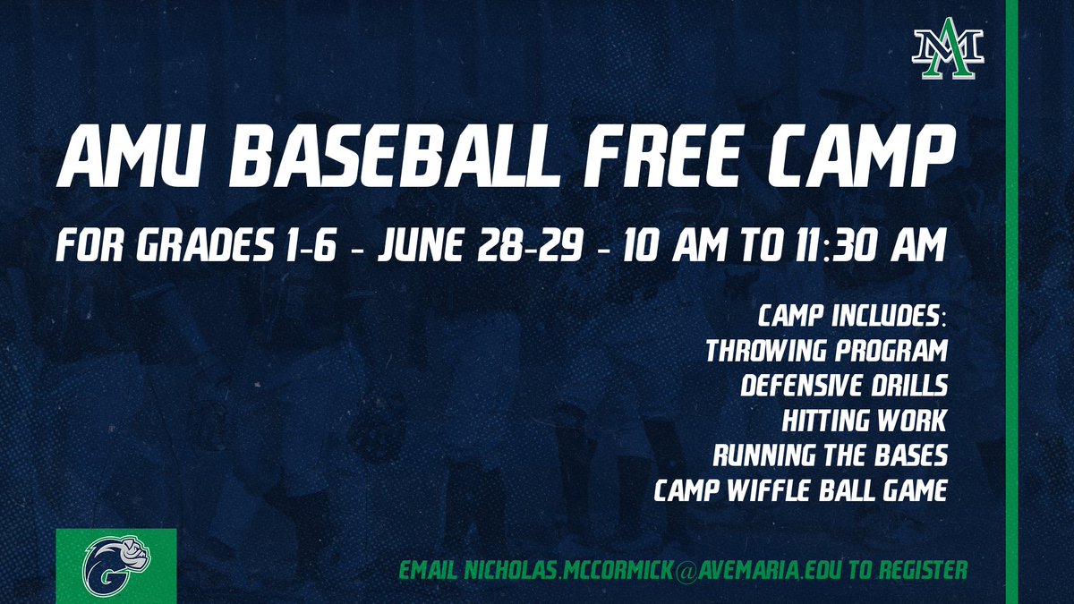 GyreneBaseball's tweet photo. FREE Youth Camp! 🚨

Run by Head Coach Michael McCormick, Assistant Coach Nicholas McCormick, and current AMU baseball players https://t.co/G1l1rINSJ7