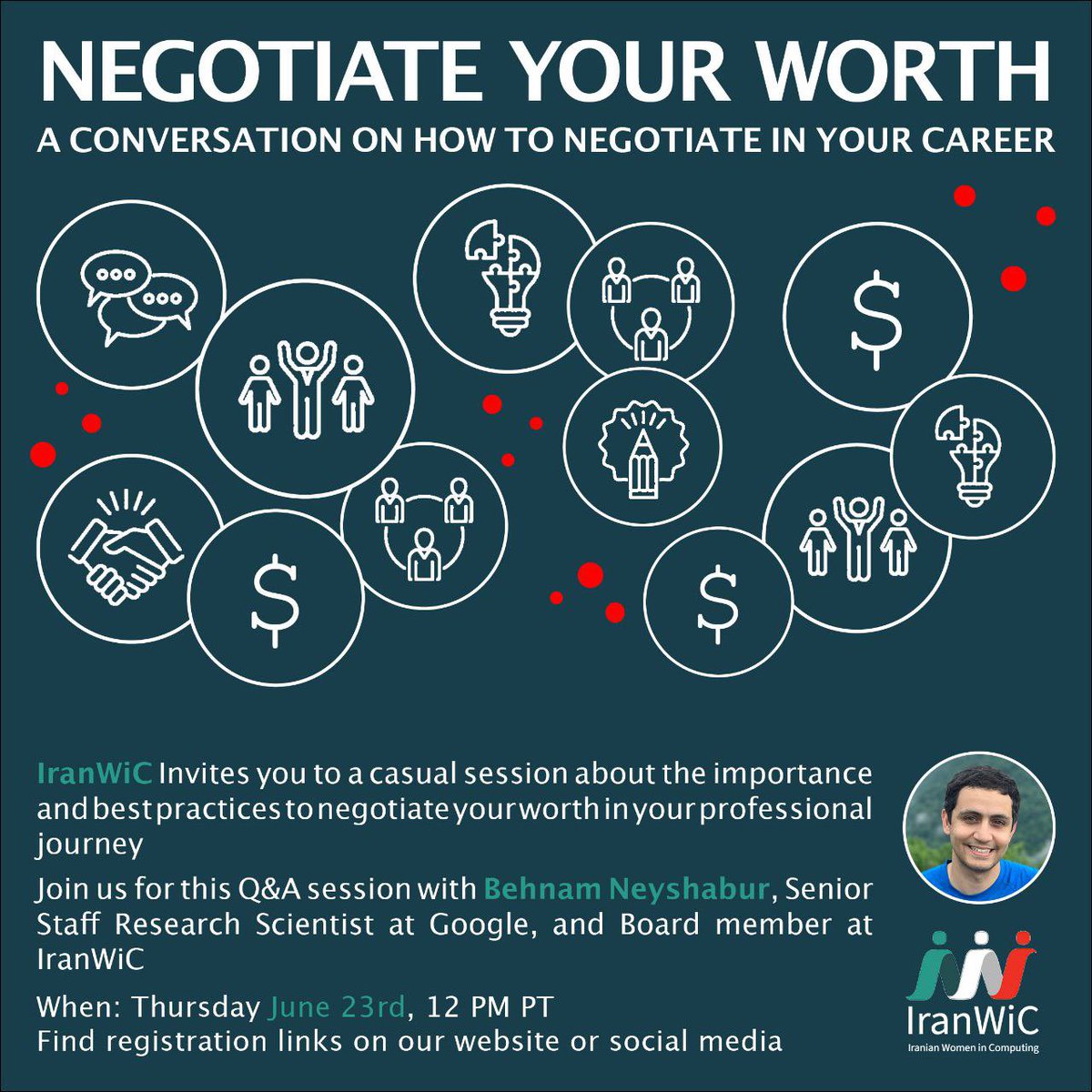 iranwic's tweet photo. Negotiation skills can help you achieve long-term career success, boost productivity and reduce workplace conflicts.   
We are excited to host @bneyshabur for   a conversation to help you become a better negotiator in your career.    
Register at:  
https://t.co/sSuwiJ9uT6 https://t.co/rsvkny4beR