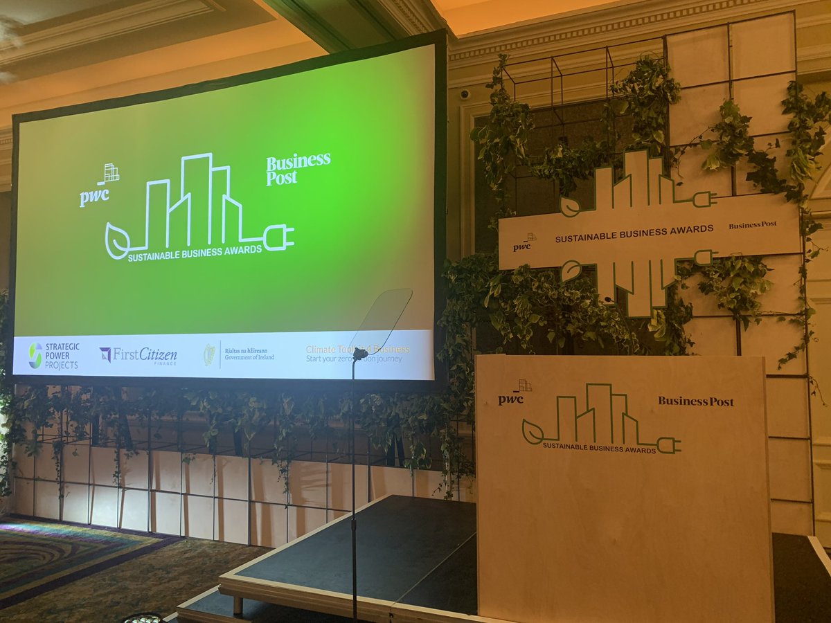 PwCIreland's tweet photo. The stage is set for a great night as we look to honour and celebrate businesses in Ireland who are leading the way in sustainability at tonights #SustainableBusinessAwards2022 in partnership with @businessposthq https://t.co/4sZmK6vBy6