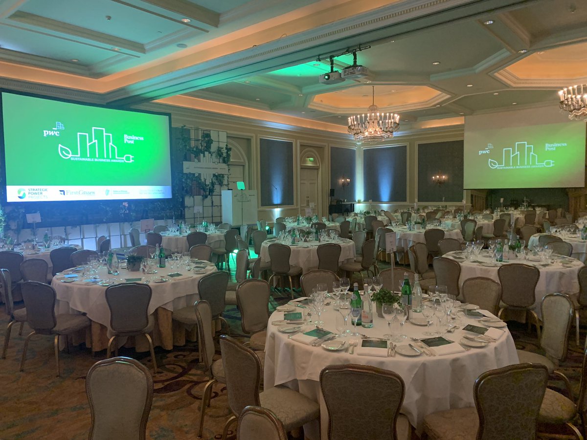 PwCIreland's tweet photo. The stage is set for a great night as we look to honour and celebrate businesses in Ireland who are leading the way in sustainability at tonights #SustainableBusinessAwards2022 in partnership with @businessposthq https://t.co/4sZmK6vBy6