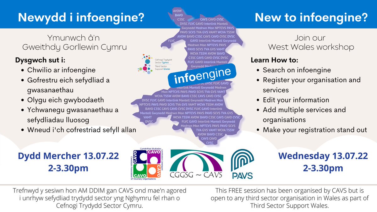 CAVSCarms's tweet photo. West Wales #infoengine Workshop 13.07.22
ℹ Search on infoengine
ℹ Register your organisation and services
ℹ Edit your information
ℹ Add multiple services and organisations
ℹ Make your registration stand out
https://t.co/MOLTZut4ZV https://t.co/OR5lOdwh4R