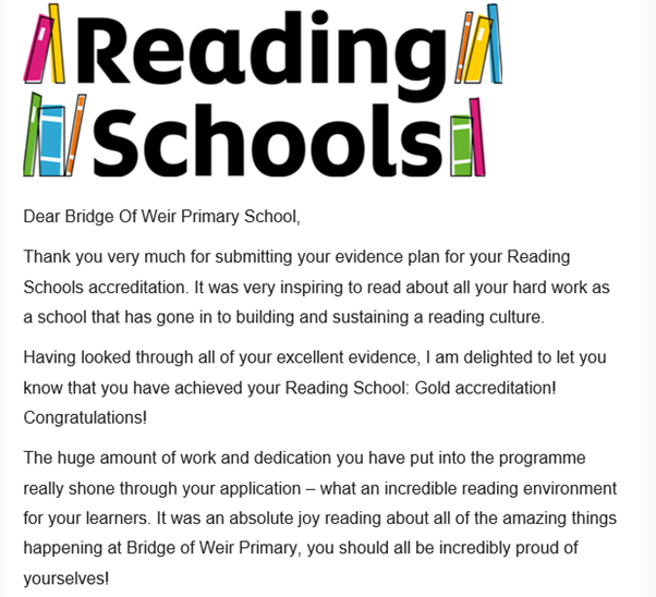 bowprimary's tweet photo. ⭐️⭐️It is GOLD!
Delighted we have been awarded Gold in our Reading Schools application. What a way to end our year! Special thanks to our Bookworms, @AttainRen @KilmacolmPS @GingerCatBkshop @BookWeekScot @RenLibraries @scottishbktrust @FMReadChallenge Celebration to follow! ⭐️⭐️ https://t.co/HsPK481PZo