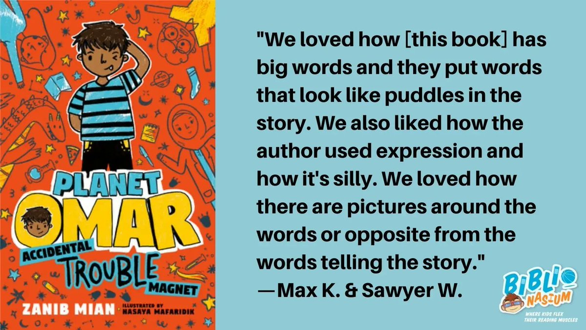 Biblionasium's tweet photo. Yes yes YES! #BookAmbassadors Max K. &amp; Sawyer W., we agree! Accidental Trouble Magnet is hilarious, wild, &amp; such a fun way for kids to learn about Muslim culture. 
@Zendibble #NasayaMafaridik @penguinkids 
#childrensbookswelove #MGBookChat #tlchat #futurereadylibs #MuslimTwitter https://t.co/7oBl2i21hs