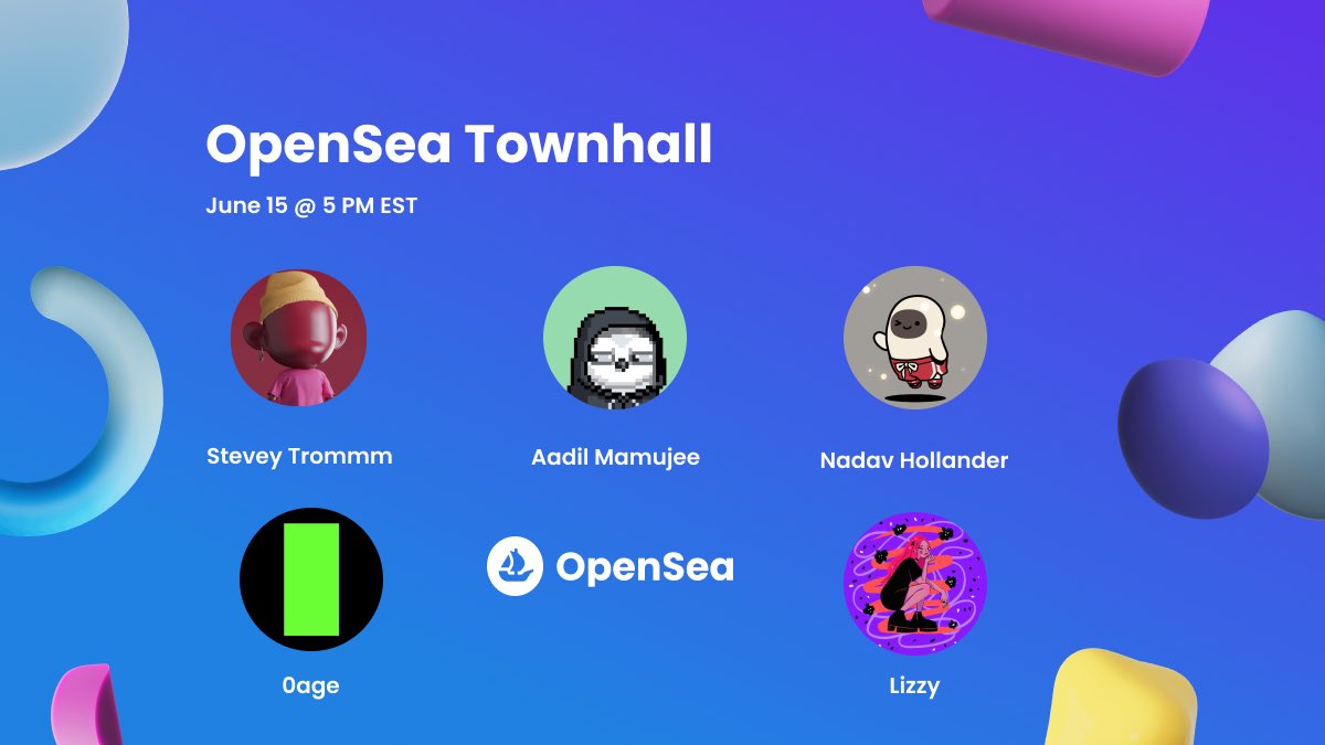 Join us today at 5 EST on Twitter spaces for some community &amp; product updates with a few folks from OpenSea: 
<a href="/SteveyTrommm/">stevey</a> <a href="/z0age/">0age</a> <a href="/misslizzyart/">lizzy 🌍</a> <a href="/NadavAHollander/">nadav</a> <a href="/amamujee/">aadil</a> 

We will be zooming in on Seaport!
x.com/i/spaces/1yNGa…