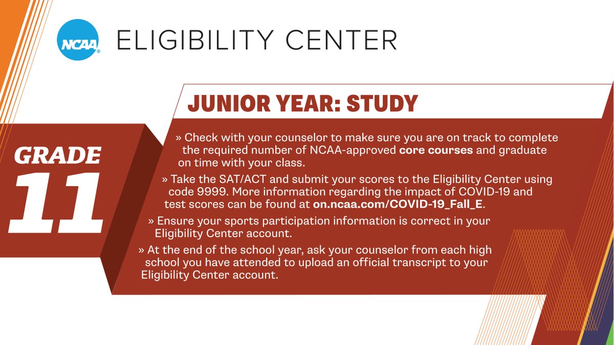 Junior year is important in the recruiting and initial-eligibility process. Stay up to date on what to do!

➡️ on.ncaa.com/HSTimeline