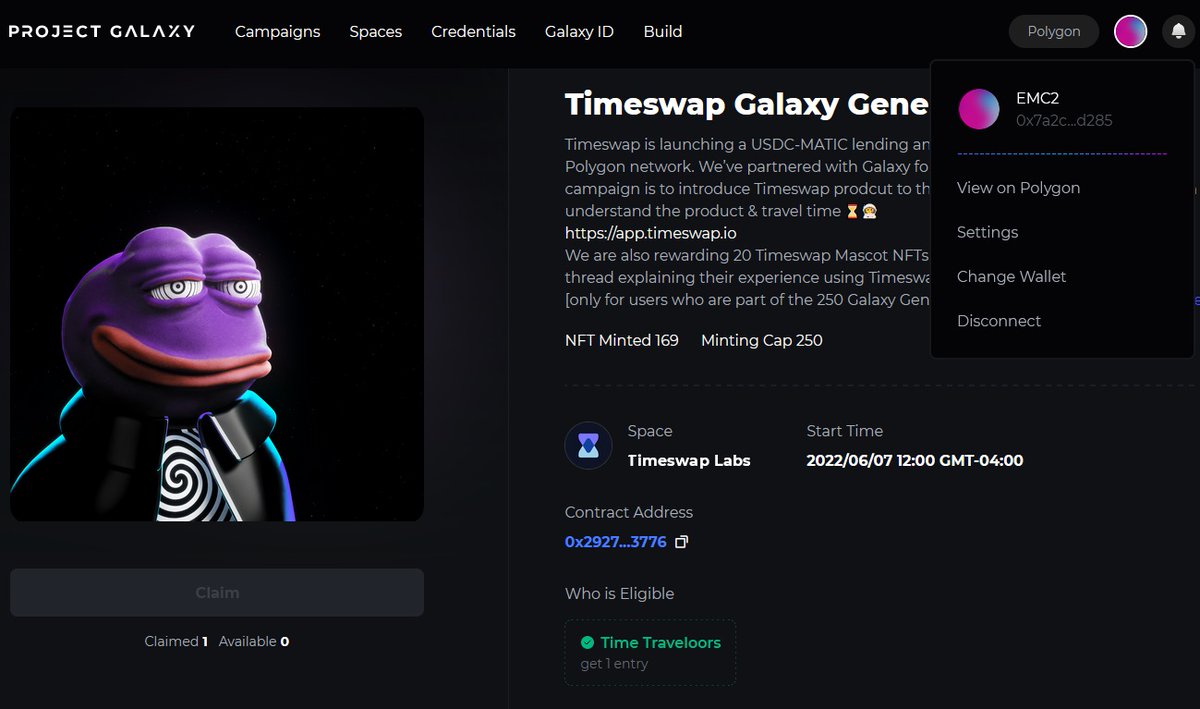 EMC2_80's tweet photo. #Timeswap #WhyTimeswap
1)
Recently, the Timeswap x Galaxy campaign was held and I participated in it and was able to claim a valuable NFT. I borroed 105USDC for 173MATIC as collateral. Because the CDP was <100, I chose the borrowing position... https://t.co/g7p4IK4zEz