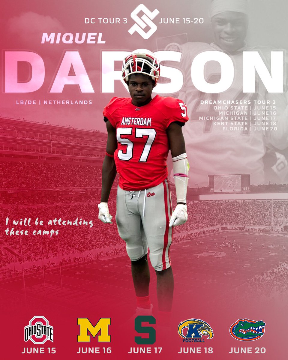 DarsonMiquel's tweet photo. I’m excited to announce that I will be attending these camps on the DreamChasers Tour! I will be with @bcollier56 and @ppirecruits                    @OhioStateFB @MSU_Football @UMichFootball @KentStFootball @GatorsFB https://t.co/4oXgbH0um8
