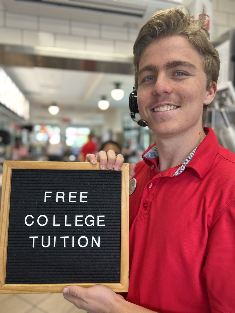 Join our team! We now offer free college tuition from Point University to our team members who work 25+ hours a week. Earn your associates, bachelors, or master degree online for FREE 🎉 Apply today to learn more information at MyChickfila.com.