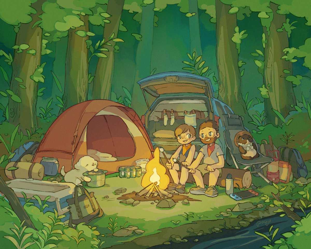 Commissioned <a href="/poqu_a_doodle/">poqu</a> for this cozy camping piece as a wedding gift for my wife. Really couldn’t be happier with the results 🥰