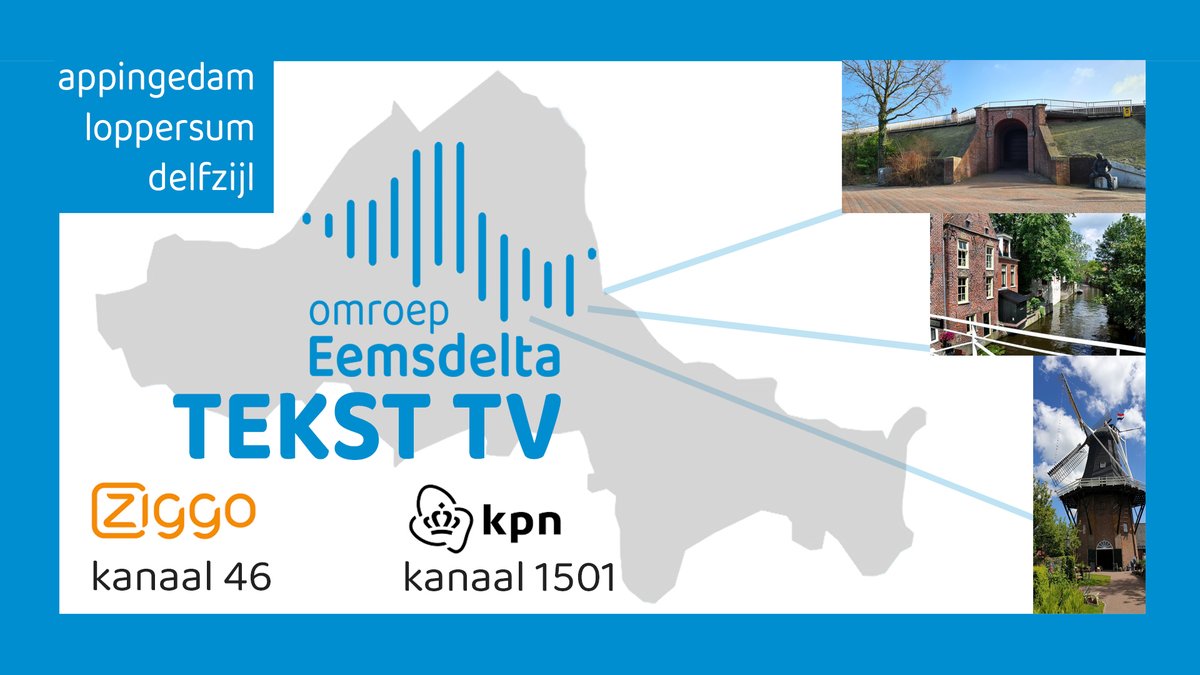Vanaf nu kun je ook naar je lokale radiostation "Omroep Eemsdelta" luisteren via ons eigen TV kanaal bij ZIGGO (kanaal 46) en KPN (kanaal 1501).
Op dit kanaal ook landelijk en regionieuws en kan je binnenkort ook radiokijken.