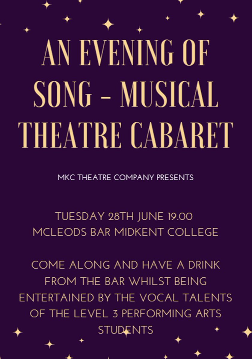 🎵MUSICAL THEATRE CABARET🎵

Our wonderful Level 3 Performing Arts Students are showcasing a musical theatre cabaret! Enjoy your favourite show tunes in our Mcleods Bar🎭

ADMISSION IS FREE OF CHARGE - just turn up!