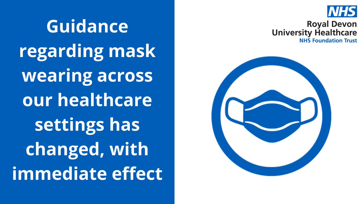 RoyalDevonNHS's tweet photo. Changes to mask wearing across our healthcare settings

Visitors, staff and patients are no longer routinely required to wear face coverings unless it is their personal preference.

There are exceptions to this, which are detailed on our website: https://t.co/7mXq0kylke https://t.co/N6WLgOiWRf