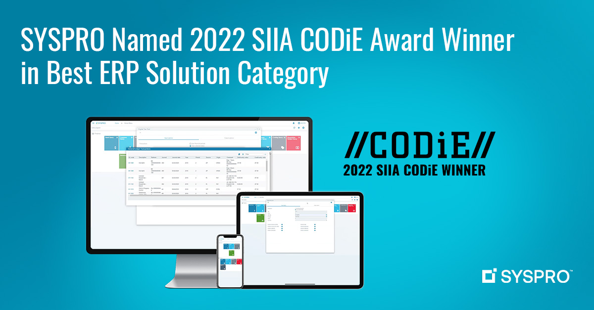 SYSPROAmericas's tweet photo. 🙌 SYSPRO is thrilled to be recognized by the @SIIA @CODiEAwards as best #ERPsolution of 2022! Learn why SYSPRO stands out from other #ERPsoftware vendors: https://t.co/zFflY3XTld

#CODiEawards #CODiE22 #SIIA #BestERP #SayYesToNext https://t.co/ZIWPW6lOu7