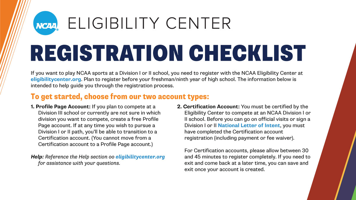 Use this checklist to learn what you need to register for an <a href="/ncaaec/">NCAA Eligibility Center</a> account.

➡️ on.ncaa.com/RegChecklist