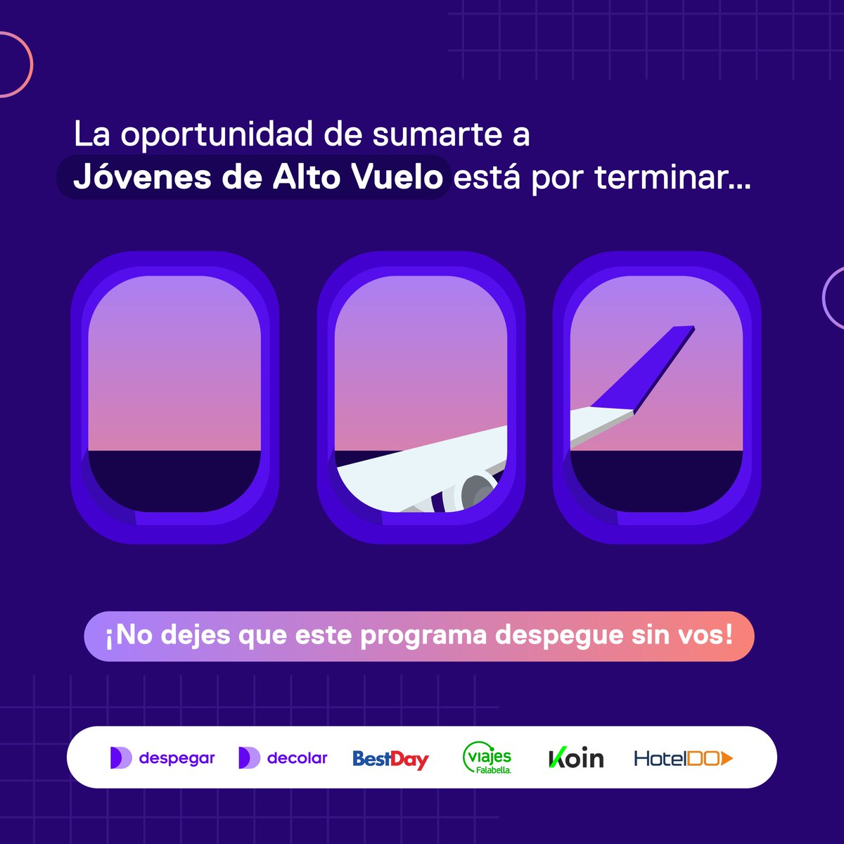 DespegarIng's tweet photo. ✈️ ¡Último llamado para todos los pasajeros que quieran desplegar su talento en #JóvenesDeAltoVuelo! ✈️

🚨 Hoy cierran las inscripciones para #JAV 🚨

👉 No dejes pasar esta oportunidad única y aprendé trabajando: https://t.co/Uss7X3S4YH https://t.co/2k71AM577U