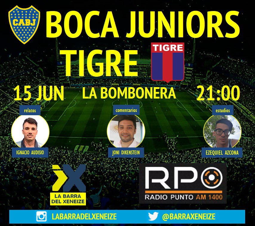 BarraXeneize's tweet photo. ¡HOY JUEGA BOCA! Seguinos desde las 21:00 por AM 1400 Radio Punto @radiopuntoam1400 con @audicomoelauto y @JonasCabj . 

#bocajuniors #boca #cabj #labombonera #vamosboca #bocajrs #estoesboca #bombonera #lamitadmasuno #xeneize #bocademivida #futbolargentino #azulyoro #daleboca https://t.co/MTsveLpn0G