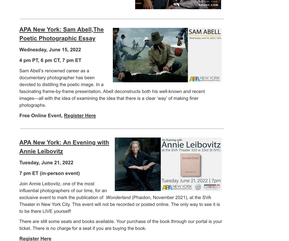 printbrat's tweet photo. American Photographic Artists June 2022 newsletter -upcoming events; Sam Abell, Annie Liebovitz, Off the Clock winners, photo grant call, and APA Awards
https://t.co/mmdFgZaEdF https://t.co/jsD3VNTFOe