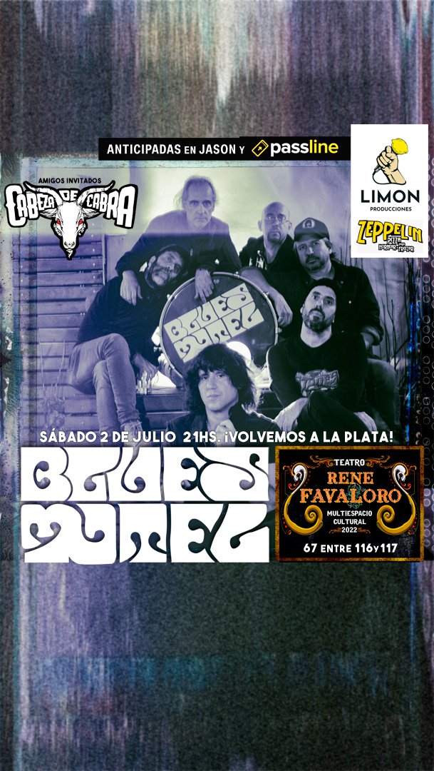 El Sábado 2 de Julio 21Hs. nos vemos en el Teatro René Favaloro #MultiespacioCultural, 67 entre 116 y 117, La Plata!

Amigos Invitados: Cabeza de Cabra #RnR
Produce #limonproducciones
Ya Anticipadas En Venta en Jason y por @passline_argentina desde bluesmotel.com.ar
