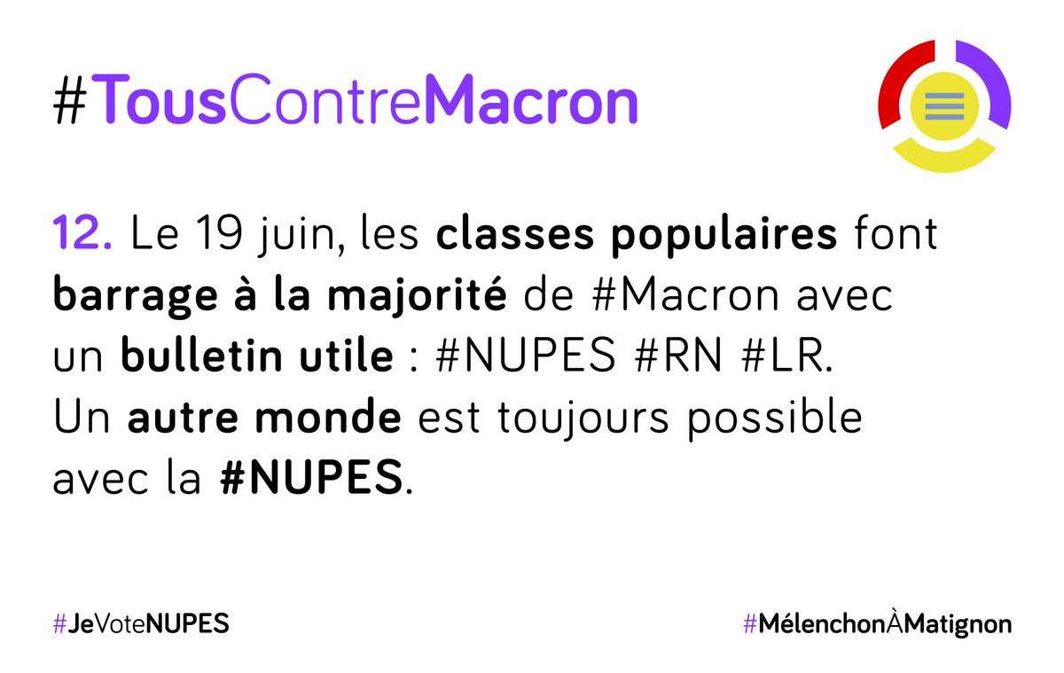 On peut toujours priver #ManuDesRiches de sa majorité : au 2e tour #TousContreMacron !
#GiletsJaunes #motpourmot #abolirlaRépublique #nupes #legislatives2022     #MelenchonAMatignon 
<a href="/FranceInsoumise/">La France insoumise</a> <a href="/NUPES_2022_/">Nouvelle Union Populaire Écologique et Sociale ✌️</a> <a href="/JLMelenchon/">Jean-Luc Mélenchon</a>