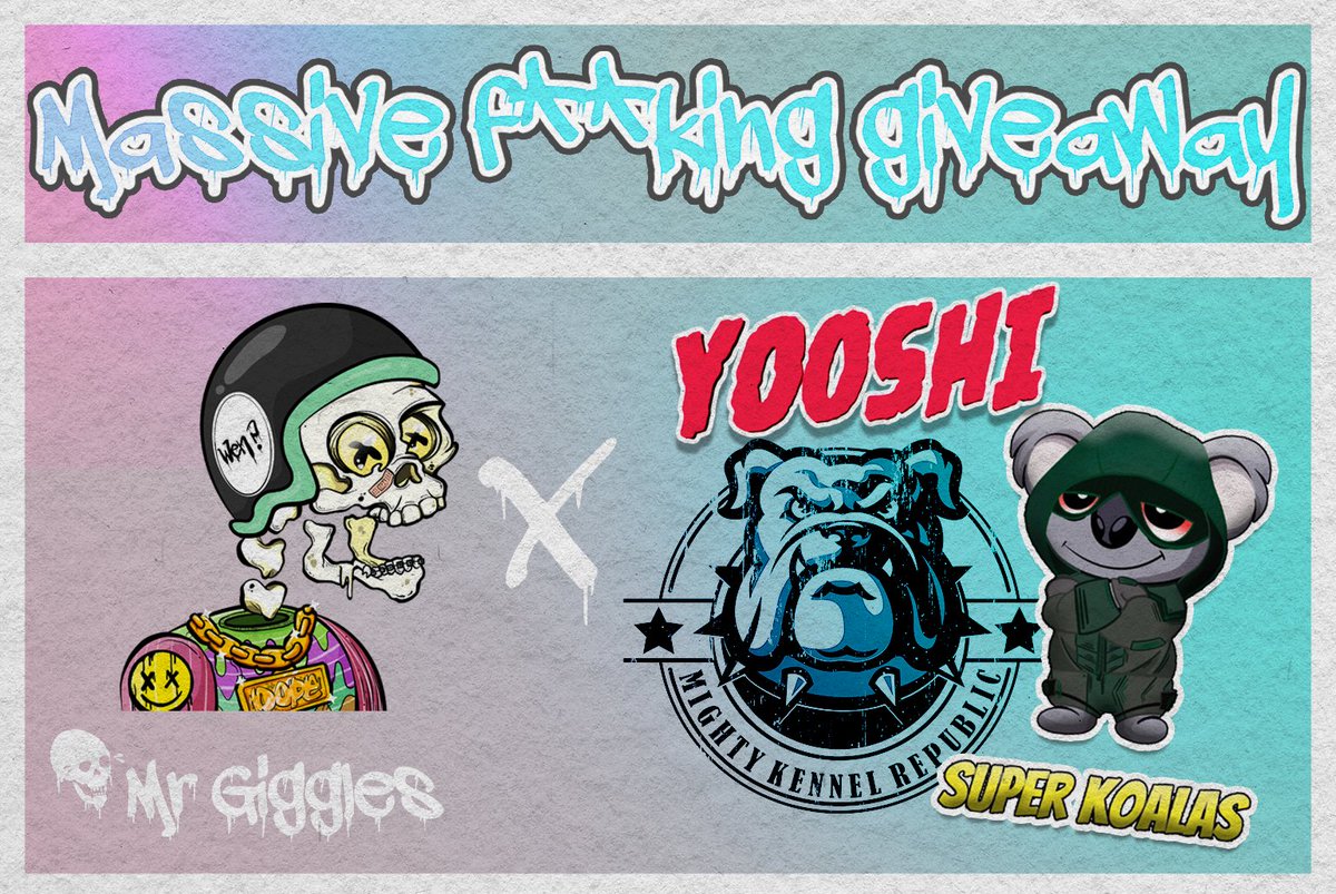 MEGA GIVEAWAY🎉🎉
Giggling till death in collabo with our $NEAR communties friends!! 
🏆PRIZES:
10 WL from <a href="/YooshiNFT/">Yooshi NFT</a> 
3 WL from @SuperKoalasNFT 
5 WL from <a href="/KennelRepublic/">Mighty Kennel Republic</a>
✅To enter: 
Follow <a href="/mr_gggs/">Mr Giggles - ART, GROWTH, SKATE 🎨🌱🛹</a> <a href="/YooshiNFT/">Yooshi NFT</a> @SuperKoalasNFT <a href="/KennelRepublic/">Mighty Kennel Republic</a>
Like, RT
Tag 3 frens
Good luck! 🤞