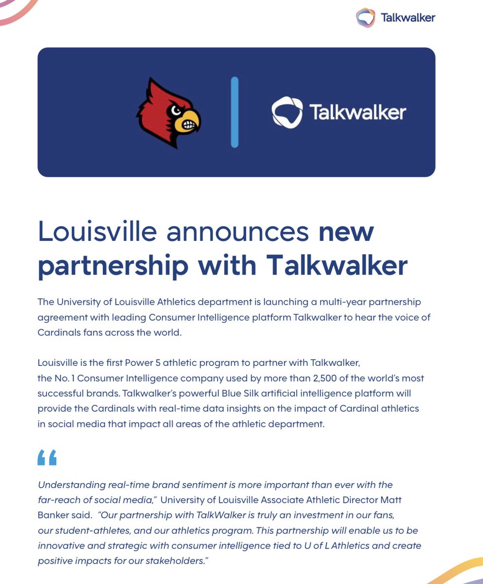 So excited to announce <a href="/GoCards/">Louisville Athletics</a> as <a href="/Talkwalker/">Talkwalker</a>’s first D1 partner! Ready to make an impact with our consumer intelligence in #NIL, recruiting, digital strategy and more! #SportsBiz 

talkwalker.com/resource/press…