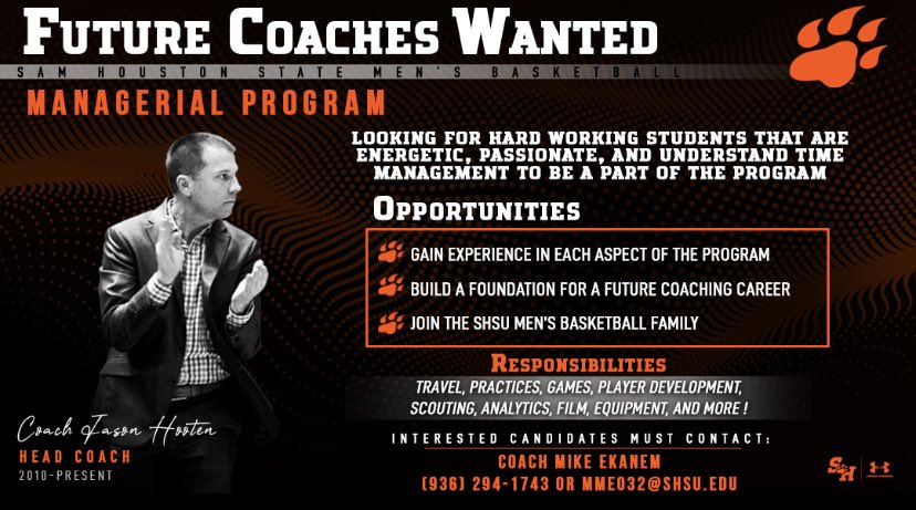BearkatsMBB's tweet photo. Come join the Sam Houston State Men’s Basketball program as a manager, where you will be a part of a family and learn about many different aspects of a college basketball program! https://t.co/2ByCZhjffP