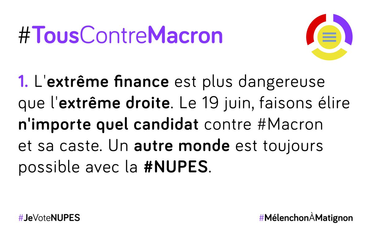 On est d'accord, <a href="/2022Elections/">Législatives 2024 🇫🇷</a> ! Pas un bulletin pour #ManuDesTrèsRiches au 2e tour. #TousContreMacron !
#GiletsJaunes #motpourmot #abolirlaRépublique #nupes #legislatives2022     #MelenchonAMatignon 
<a href="/FranceInsoumise/">La France insoumise</a> <a href="/NUPES_2022_/">Nouvelle Union Populaire Écologique et Sociale ✌️</a> <a href="/JLMelenchon/">Jean-Luc Mélenchon</a>