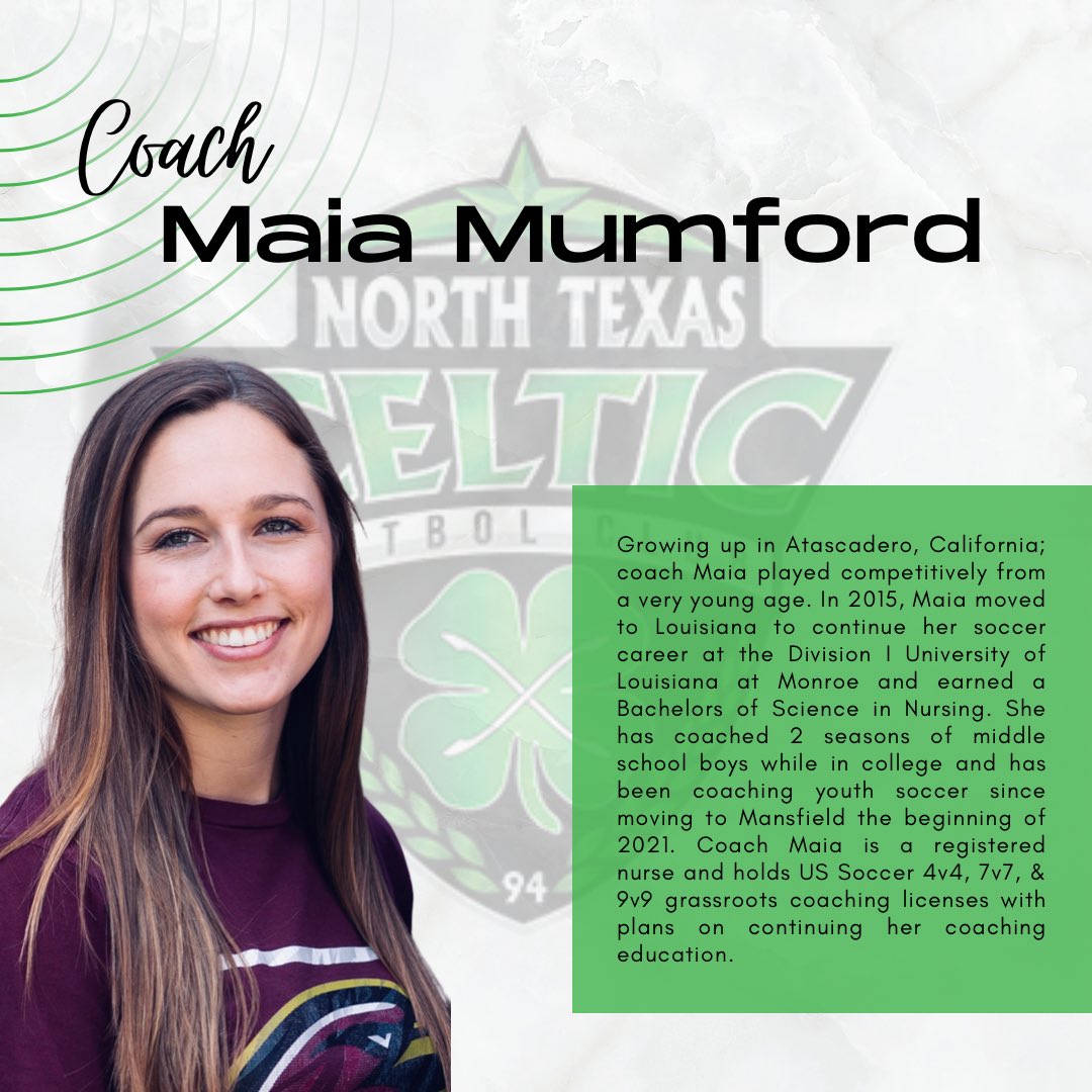 First Coach Bio up is Maia Mumford! She is coaching our 15G, 16G, 17G

We are looking forward to supporting her and her girls this year!

#2015team #girlsclubaoccer #northtexassoccer #celticfc #texassoccer #arlingtontx #2017team #dfwsoccer #northtexasclubsoccer #2016team