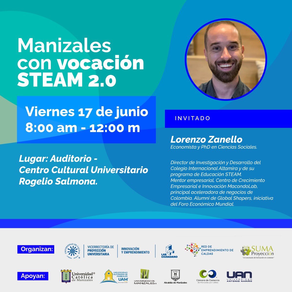Labciudad_UC's tweet photo. 📣 Regresa Manizales con vocación STEAM, un encuentro para apropiar, idear y construir redes para incluir las capacidades de ciencia, tecnología, ingeniería, arte y matemáticas en la educación, la innovación, el emprendimiento local y la resolución de retos sociales. https://t.co/tJc101zV1w