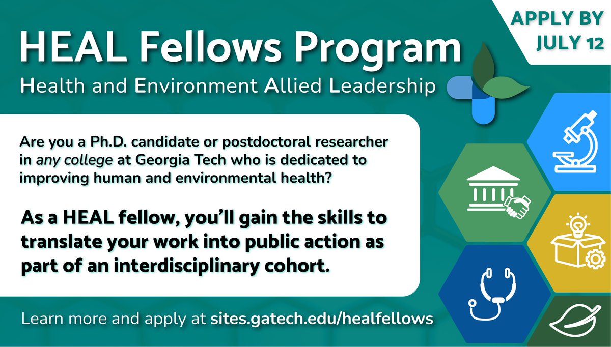 Weitz Group (@weitz_group) on Twitter photo The Health and Environment Allied Leadership (HEAL) Fellows Program is now officially accepting aplications for the inaugural cohort!
Postdocs and Ph.D. candidates in ALL <a href="/GeorgiaTech/">Georgia Tech</a> colleges are encouraged to apply. RTs appreciated to spread the word.
b.gatech.edu/3tC8kLc The Health and Environment Allied Leadership (HEAL) Fellows Program is now officially accepting aplications for the inaugural cohort!
Postdocs and Ph.D. candidates in ALL <a href="/GeorgiaTech/">Georgia Tech</a> colleges are encouraged to apply. RTs appreciated to spread the word.
b.gatech.edu/3tC8kLc