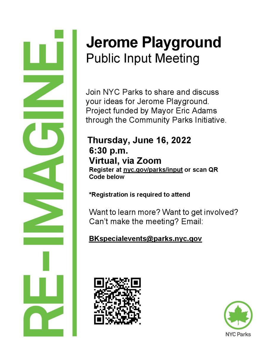 Greetings Community!

Join NYC Parks tomorrow for the Jerome Playground public input meeting. This playground is funded under the community parks initiative and will be transformed. Let your voice be heard in the process. 

#BrooklynCB5