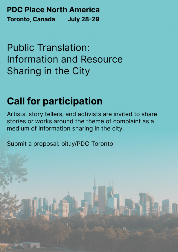 Here's the CfP for our Participatory Design Conference event @PDC_conference #Toronto node. Send us your proposal by July 15: bit.ly/PDC_Toronto @UofTInfoFaculty @UofT @McLuhanCHI @UofTDHN @KMDIUofT @CriticalDigita3